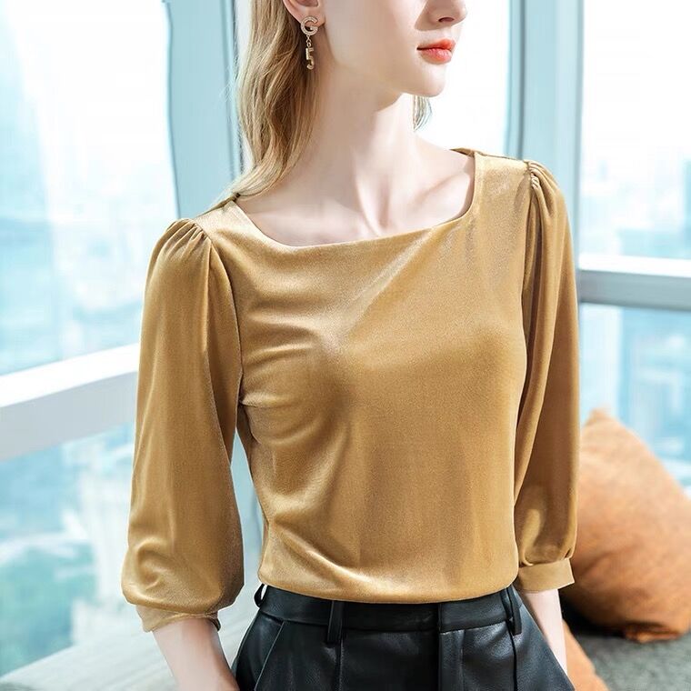 Women Fashion Blouse - Camicia in velluto con colletto quadrato
