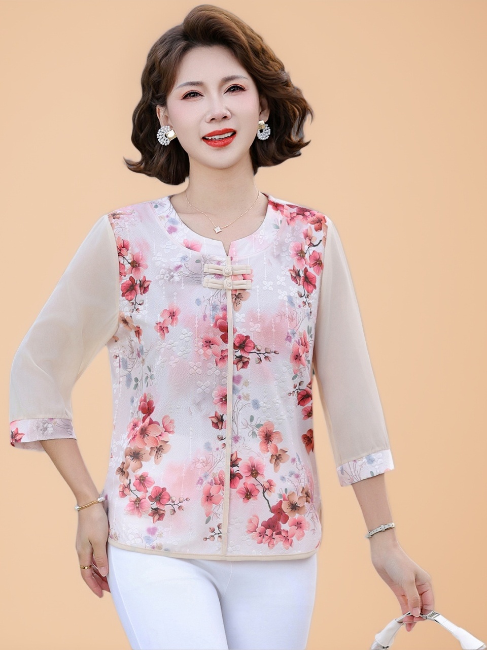 Women Fashion Over 60 - Nuova T-shirt in Seta Stile Cinese